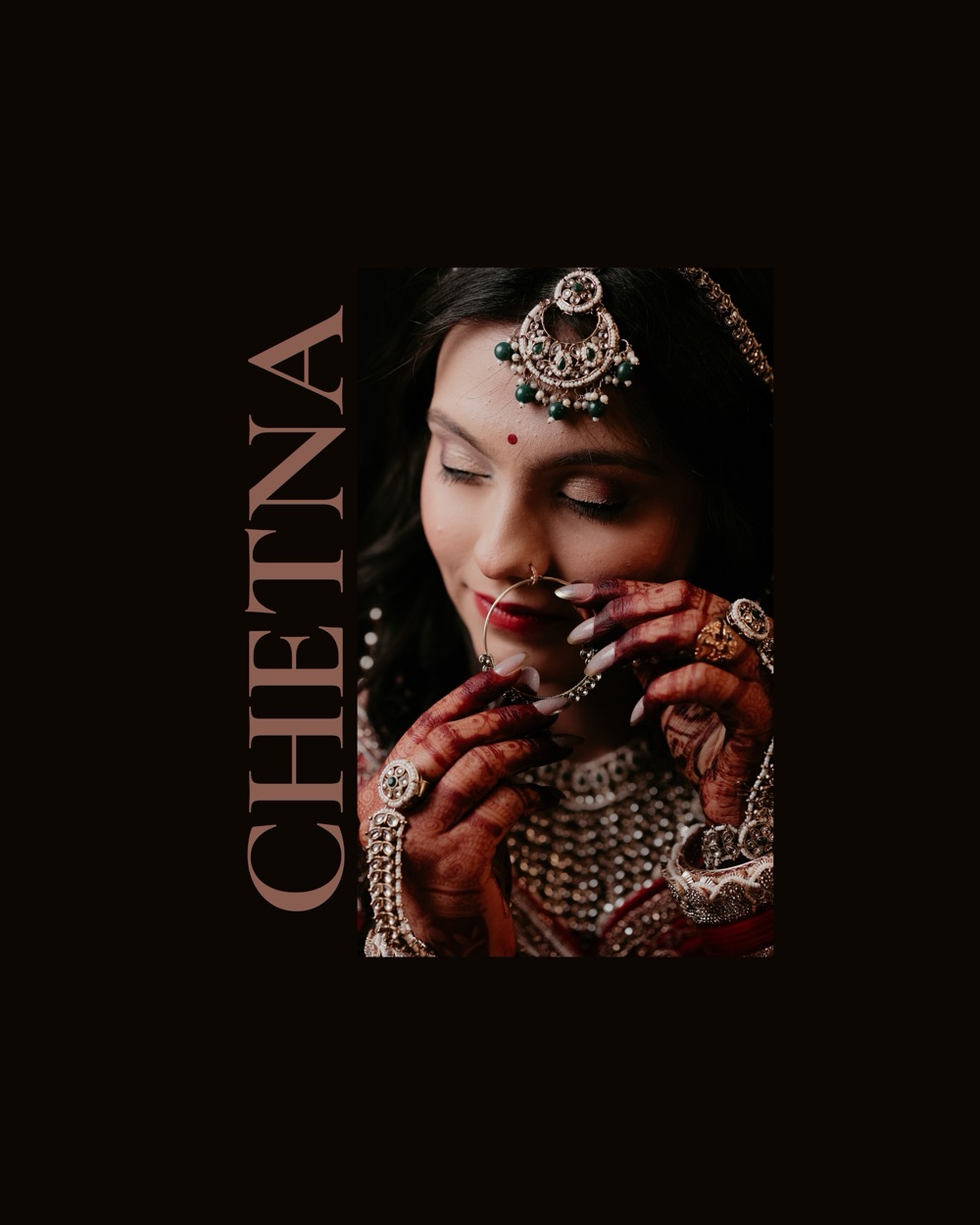 Bride in a red lehenga with green-and-gold jewellery holding her nath, presented as a titled album plate