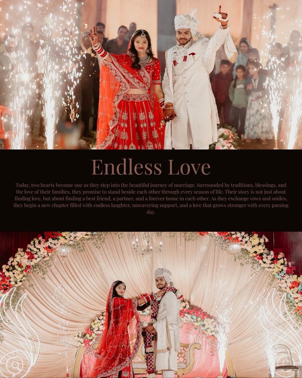 Album spread — the couple's sparkler-lit entrance above and the floral mandap below