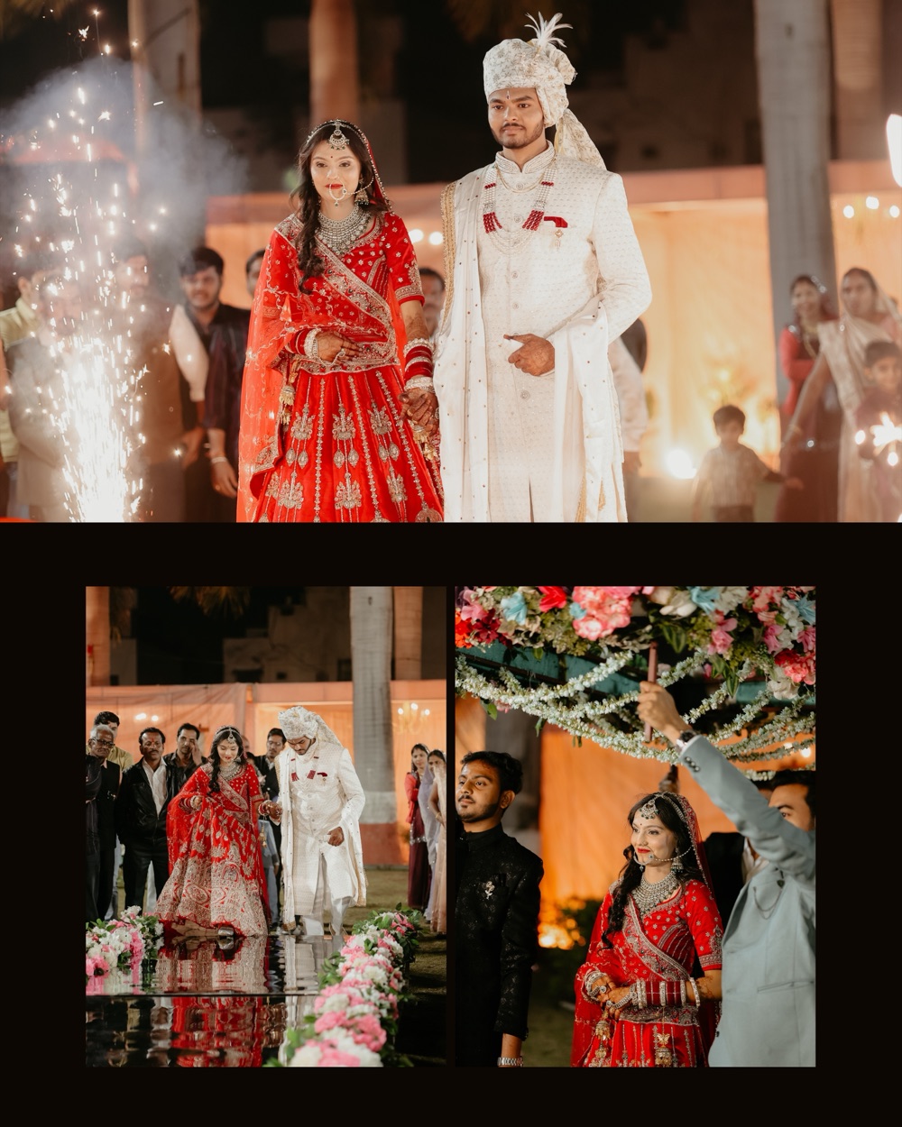 Collage — the sparkler entrance, the couple on a petal-lined path, and the bride beneath a flower canopy