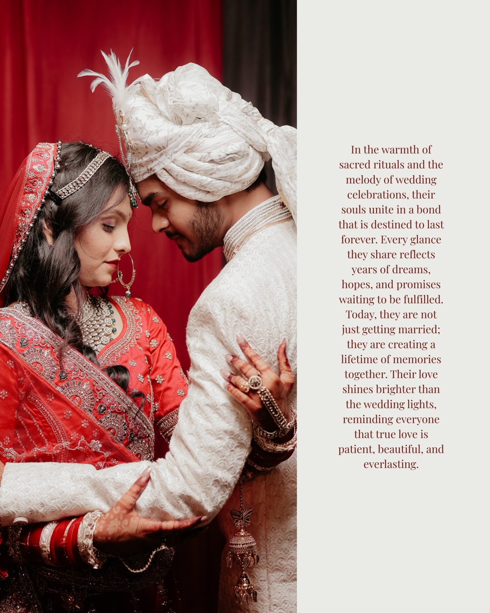 Album spread — the couple forehead to forehead against a deep-red drape