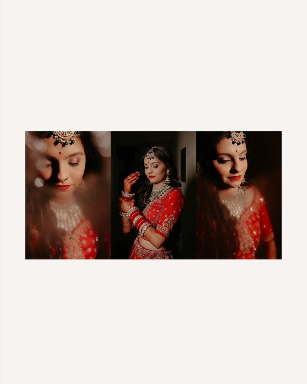 Triptych of the bride in red, lit warmly, looking down