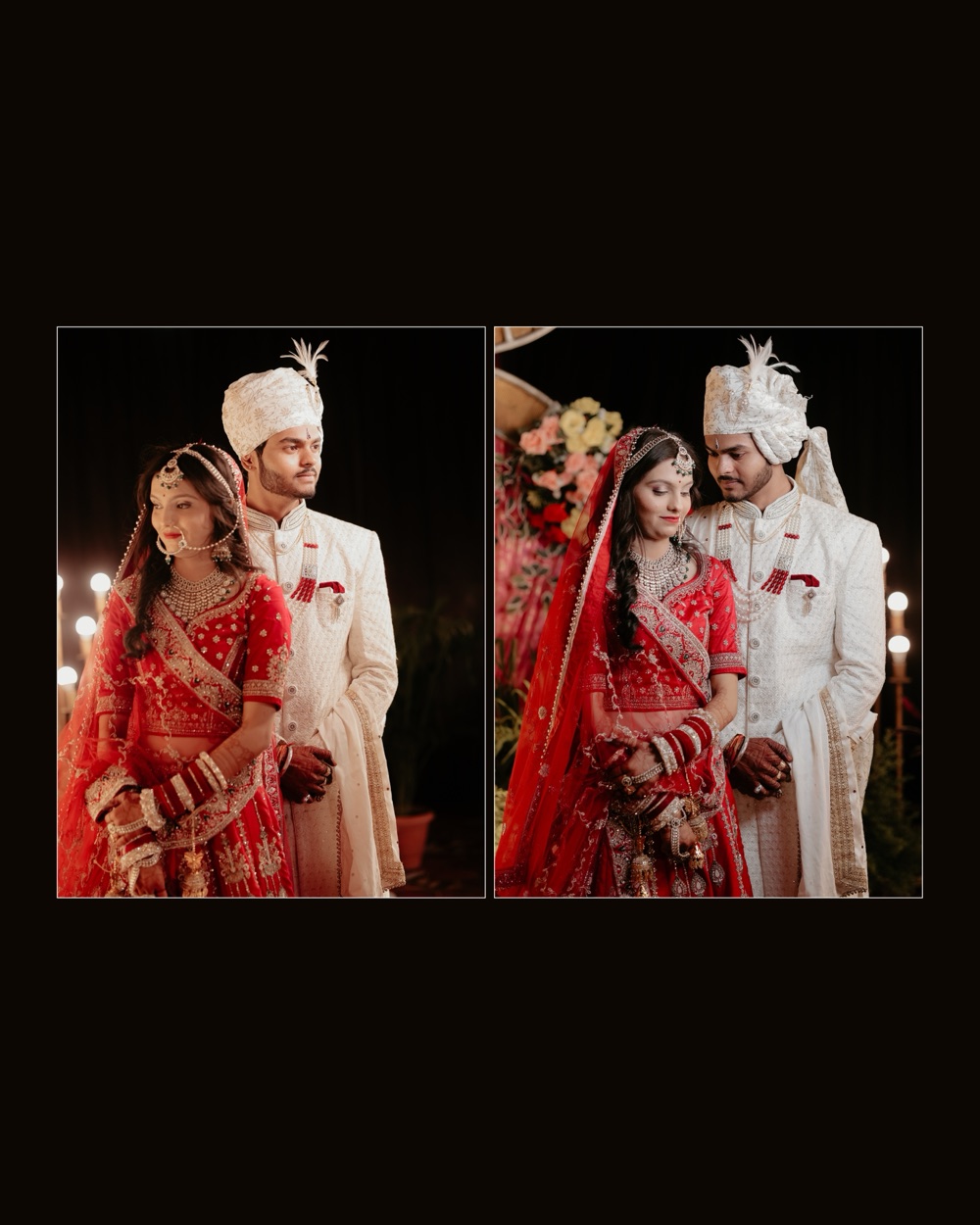 Two evening frames of the couple among softly blurred lights