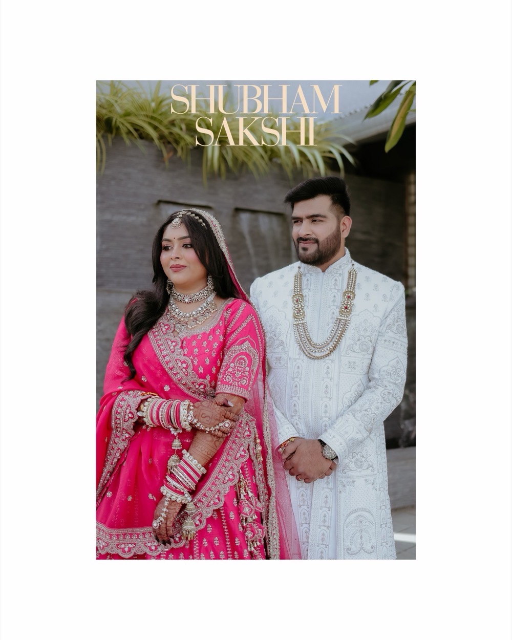 Titled album plate of the couple — bride in pink, groom in embroidered white sherwani