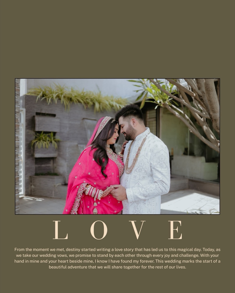 Album plate titled Love — bride and groom forehead to forehead in a courtyard