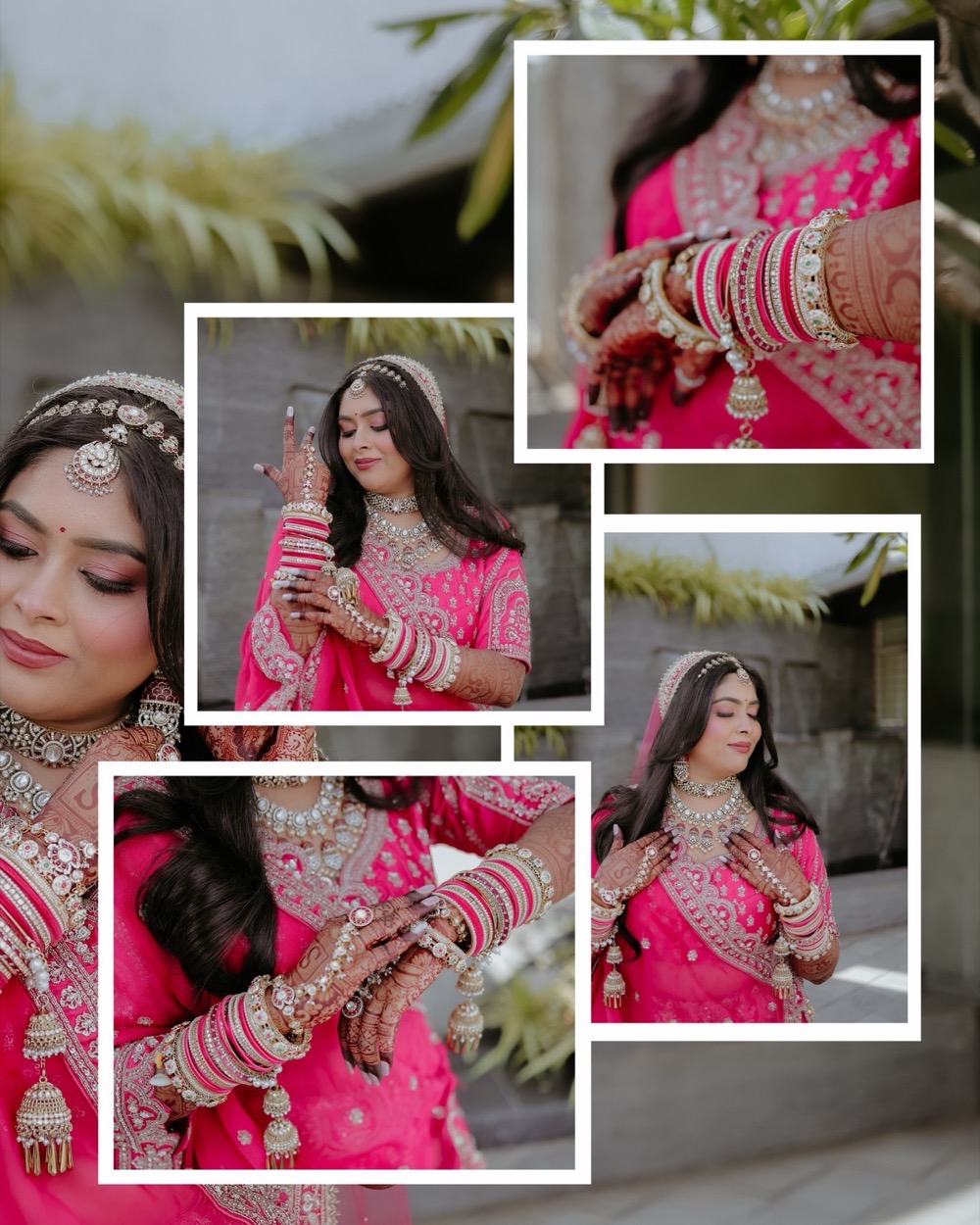 Collage of bridal details — bangles, mehndi and jewellery
