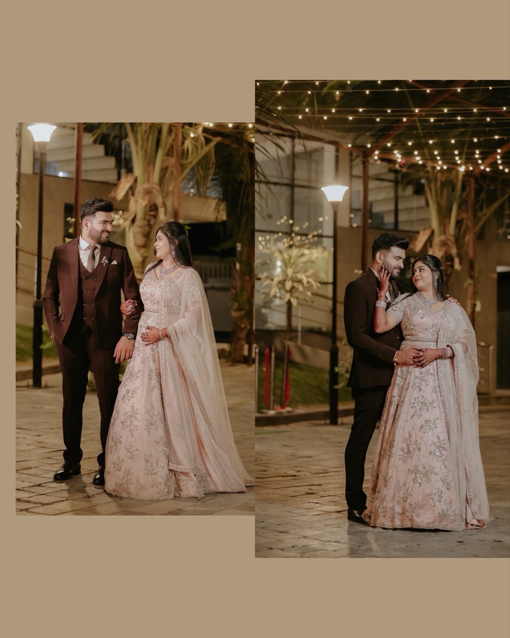 Two frames of the couple at their evening reception beneath fairy lights