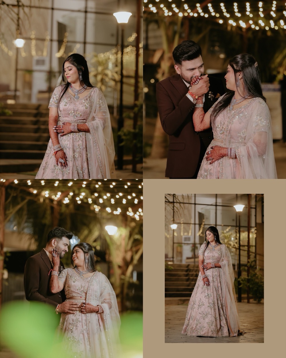 A sequence of four evening photographs from a reception — portraits of the couple beneath fairy lights