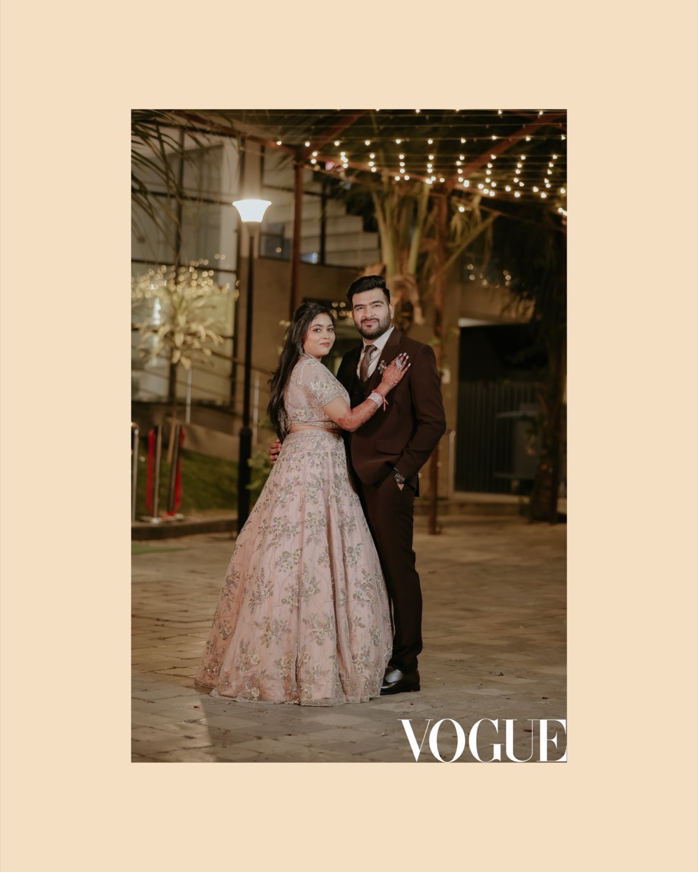 The couple at night under fairy lights, presented as a magazine-style plate